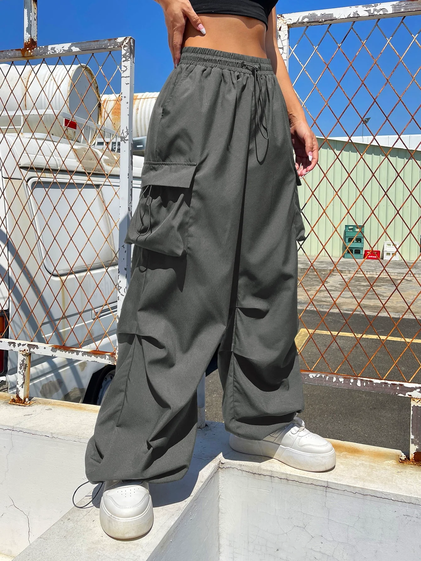 Drawstring Waist Flap Parachute Cargo Trousers - Image 19