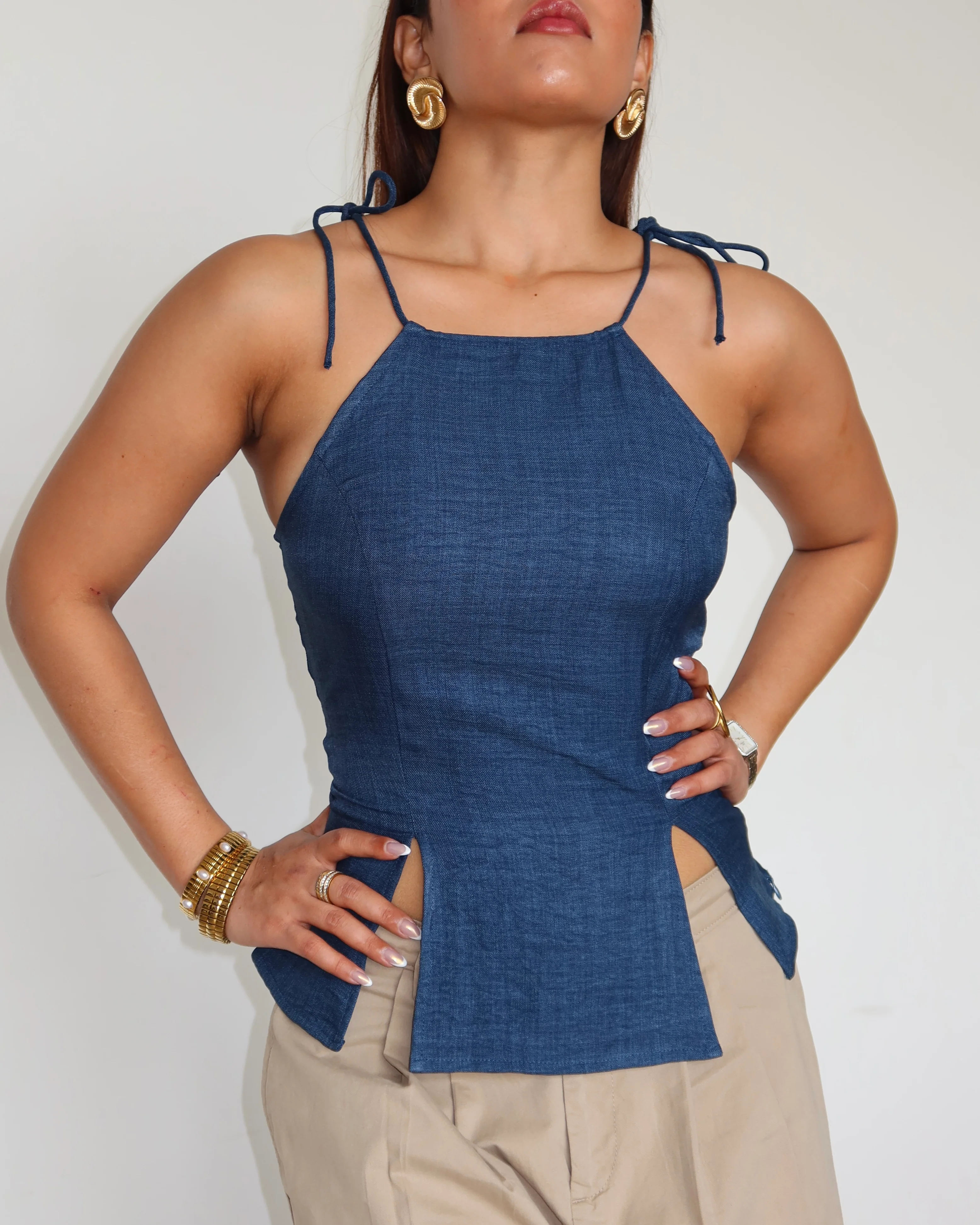 Flare Cut Tie Up Halter Top - Image 2